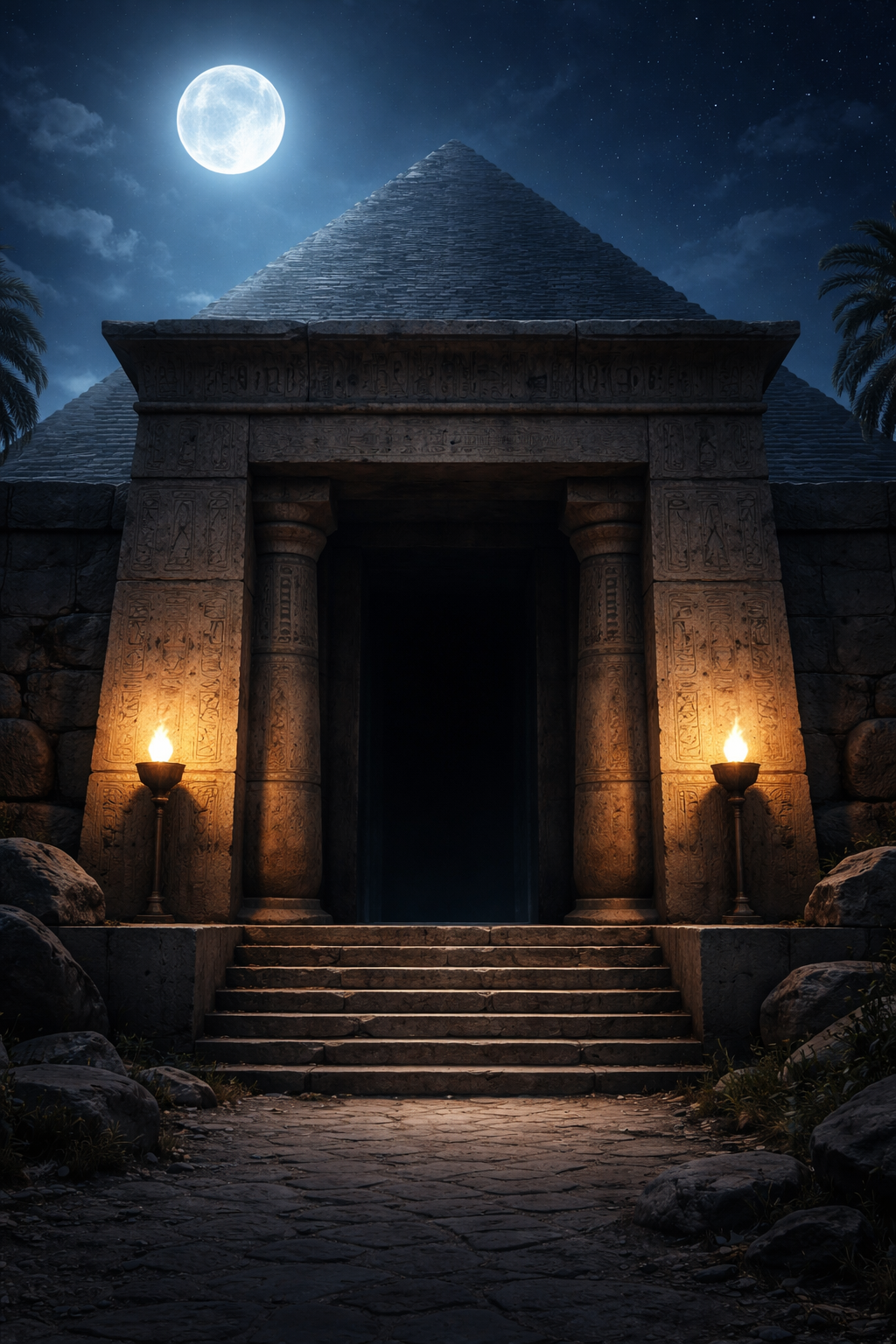 Moonlit entrance to an ancient temple