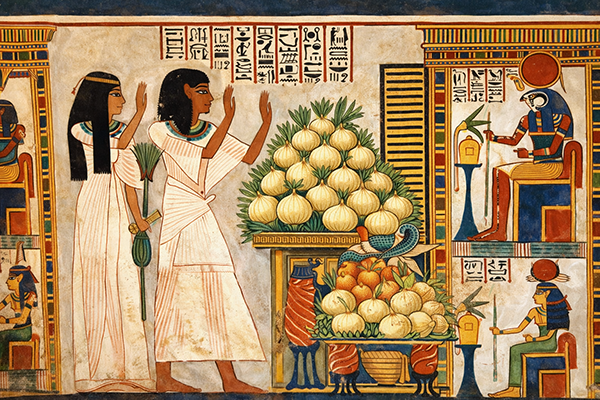 Recreated Egyptian wall painting - onion offerings.
