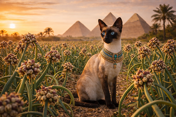 An Egyptian cat guards the Egyptian Walking Onions.