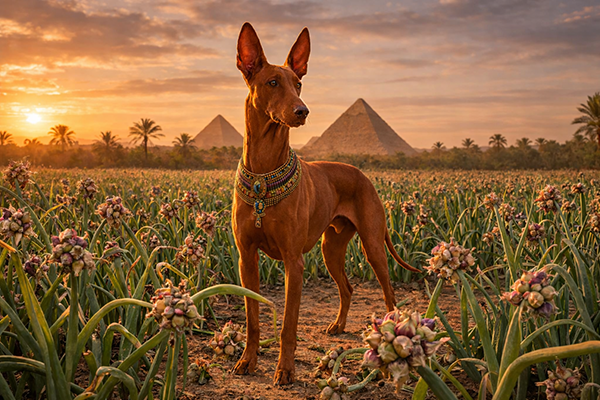 Pharaoh Hound guarding Egyptian Walking Onions in ancient Egypt.