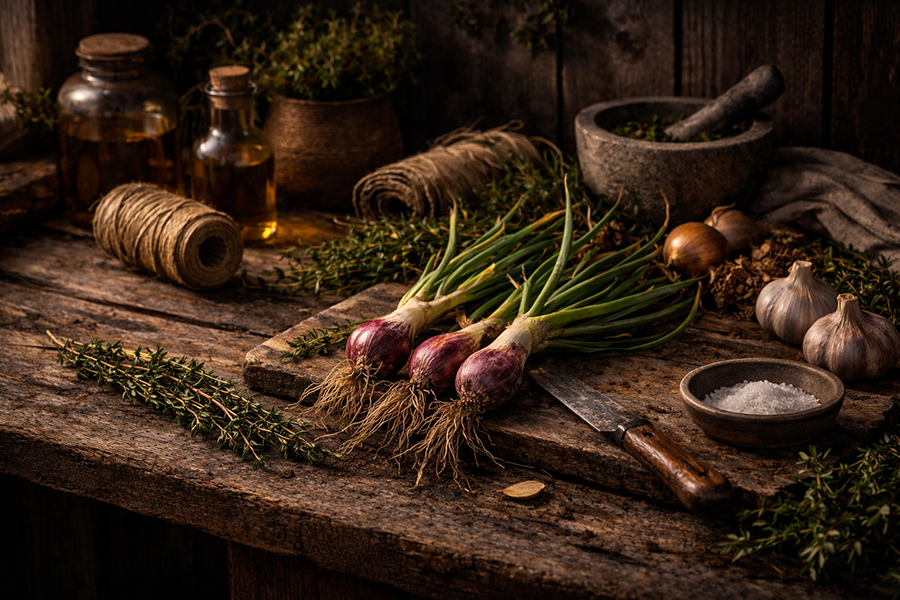 Processing Egyptian Walking Onions for use.