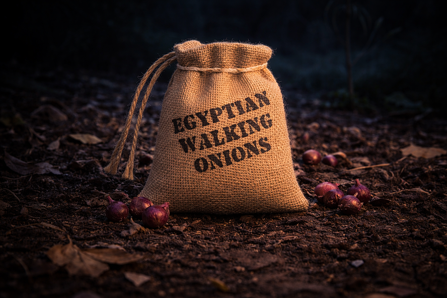 Mini burlap sack of Egyptian Walking Onion topsets waiting for the garden.