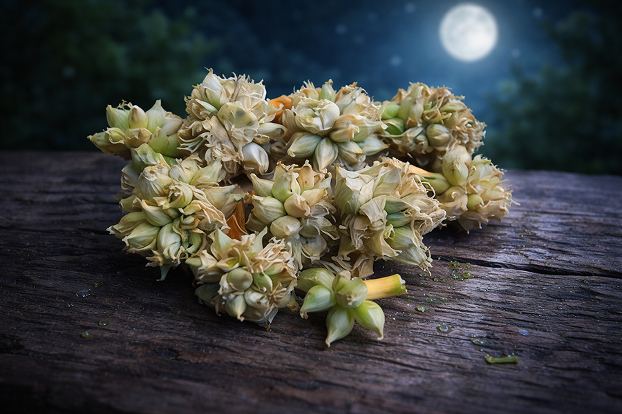 Red Egyptian Walking Onion mini clusters in moonlight.