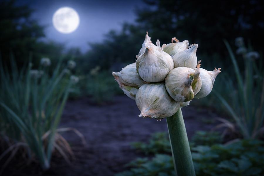 White Egyptian Walking Onion topset cluster in moonlight.