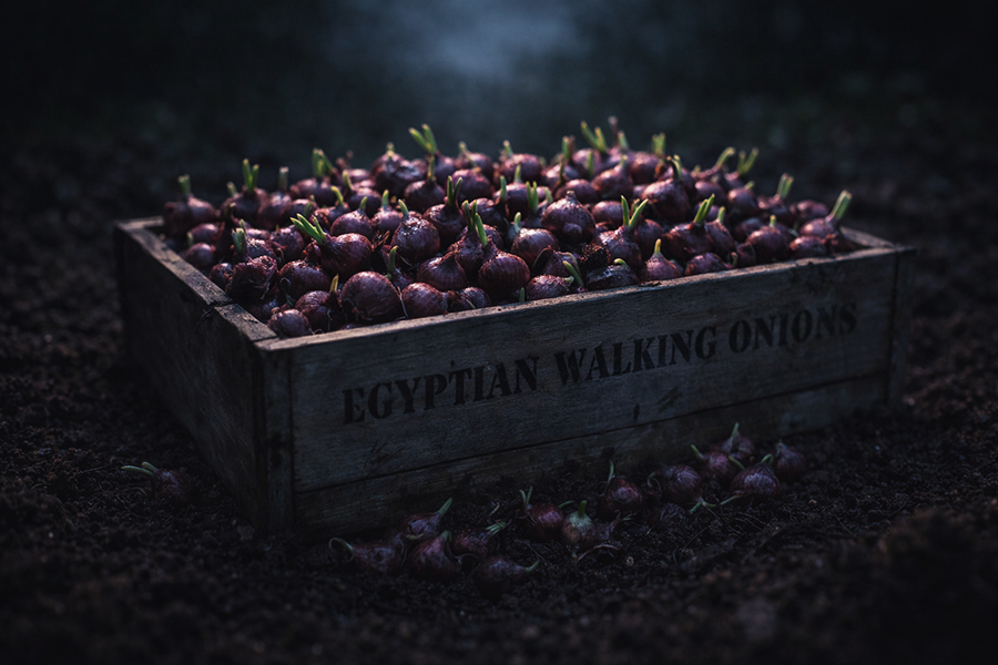Bulk Red Egyptian Walking Onion topsets in a crate.